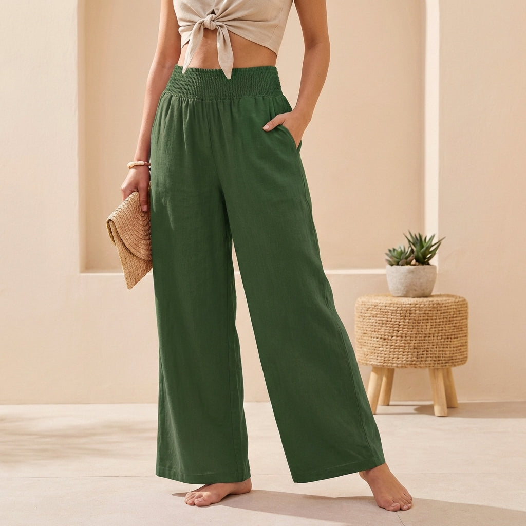 Pantalon large femme en lin taille smockée coupe palazzo fluide plis avant