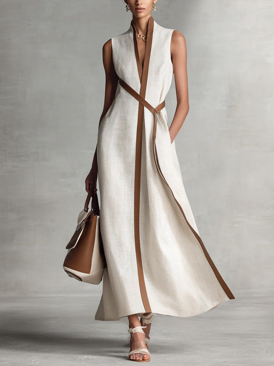 Robe longue portefeuille femme sans manches col V ceinture nouée
