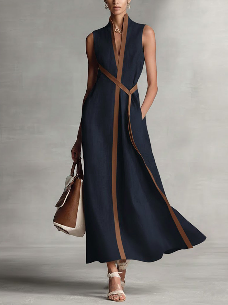 Robe longue portefeuille femme sans manches col V ceinture nouée