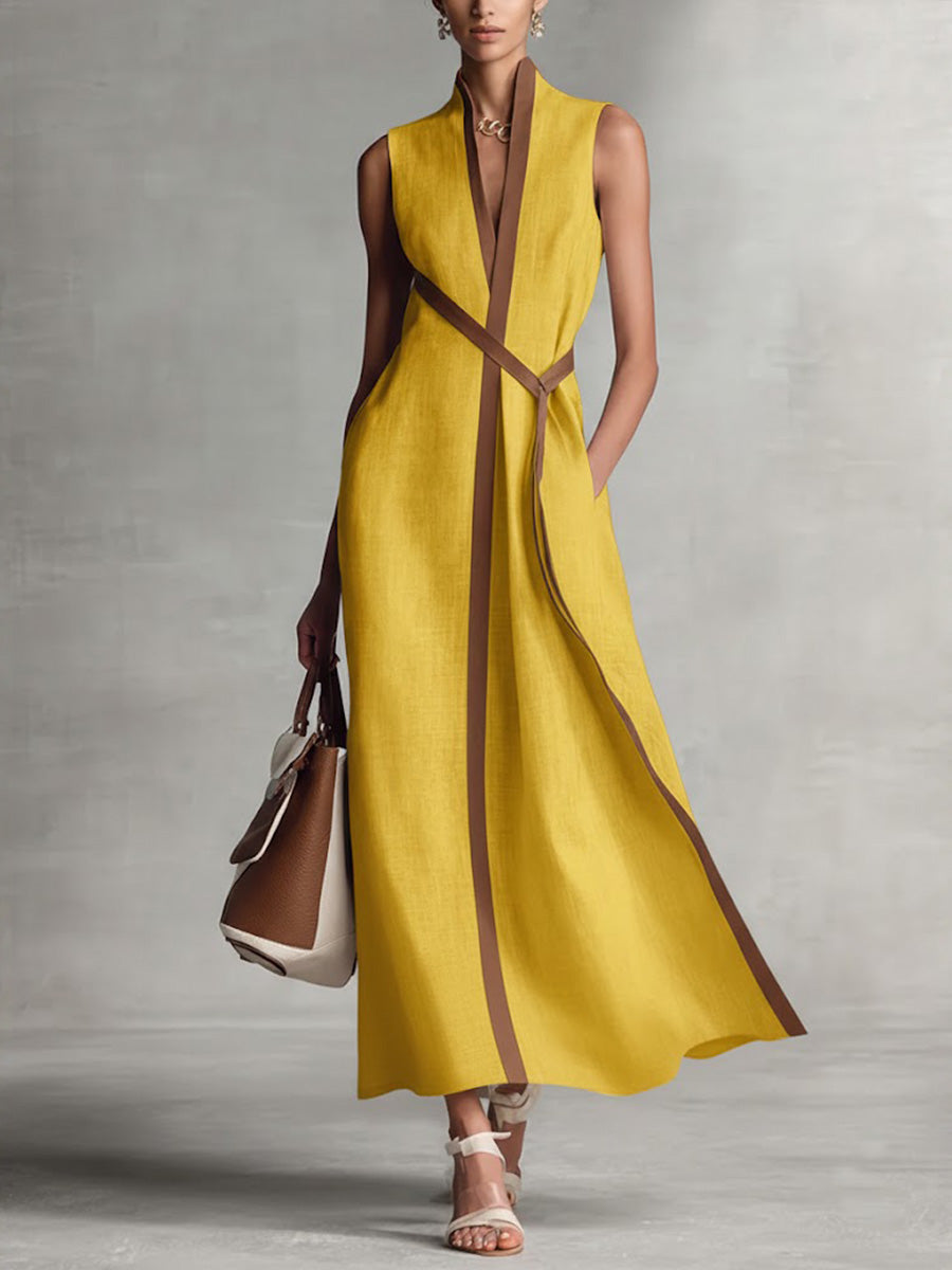 Robe longue portefeuille femme sans manches col V ceinture nouée