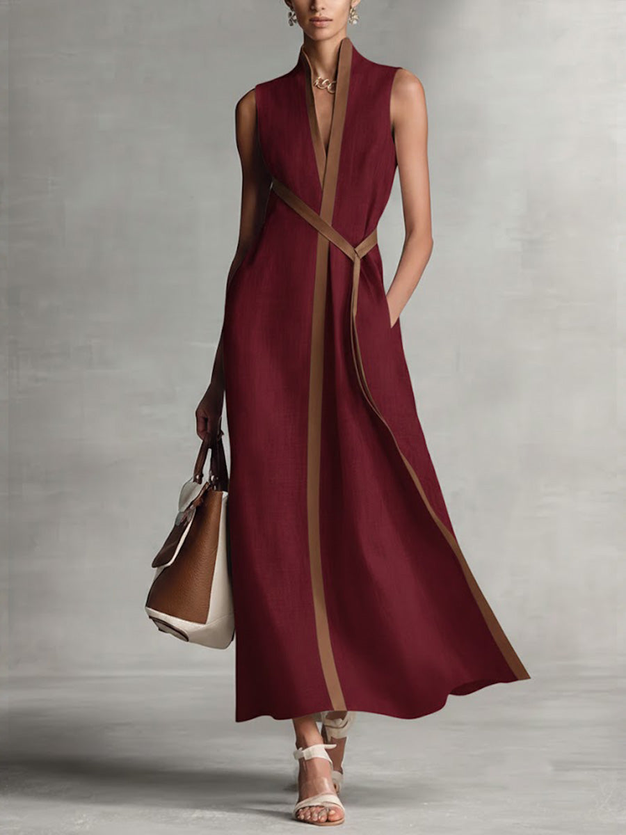 Robe longue portefeuille femme sans manches col V ceinture nouée