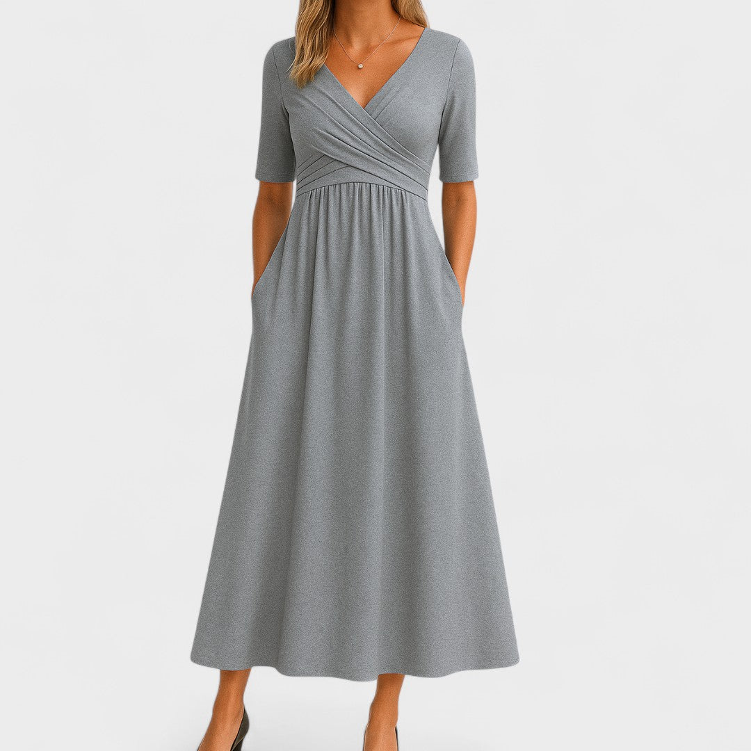 Robe midi portefeuille femme col V manches courtes cintrée robe été