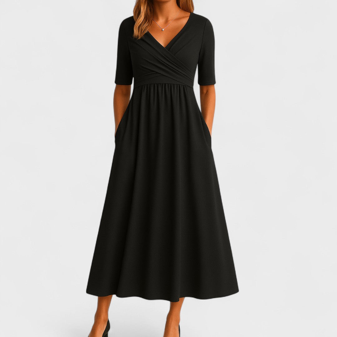 Robe midi portefeuille femme col V manches courtes cintrée robe été