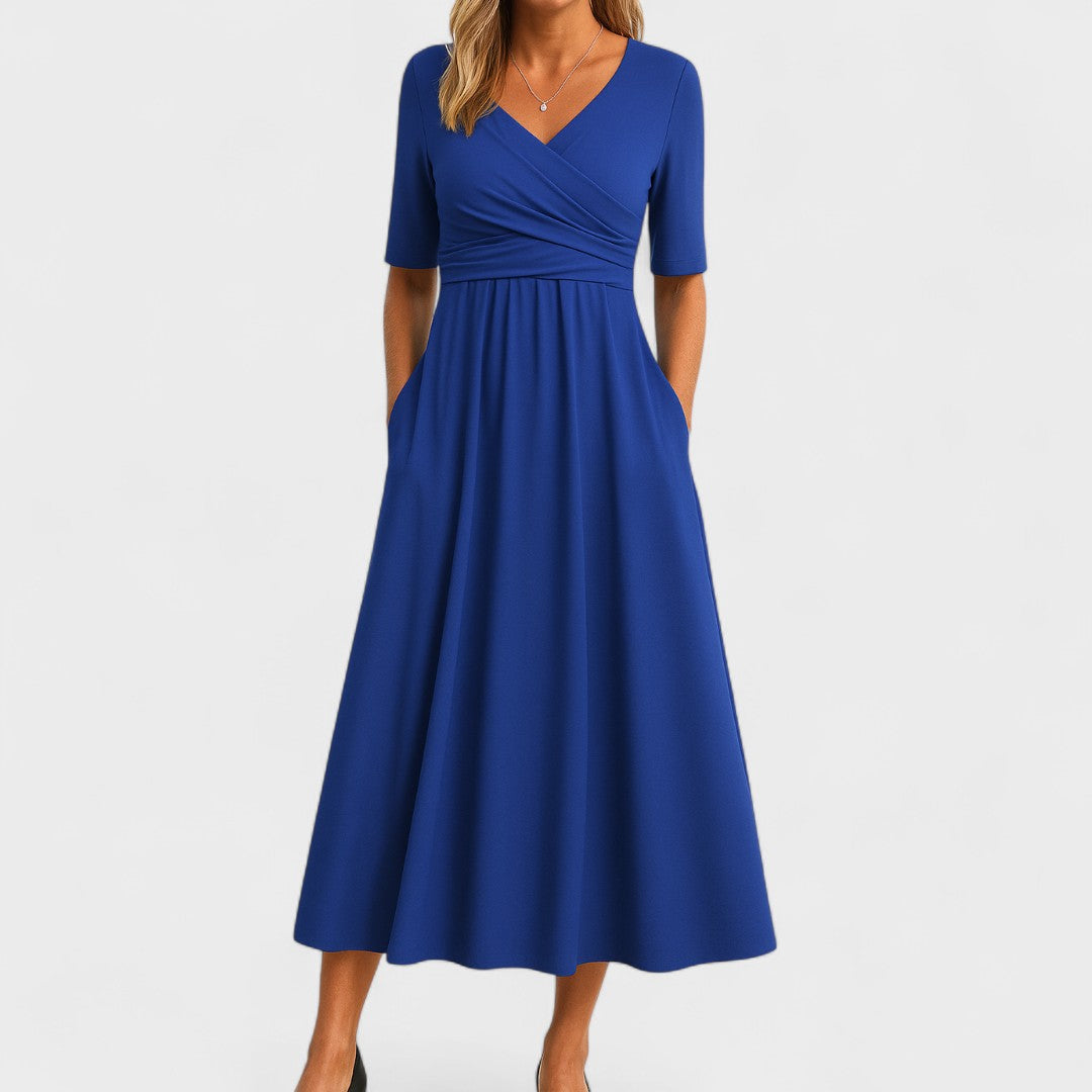 Robe midi portefeuille femme col V manches courtes cintrée robe été