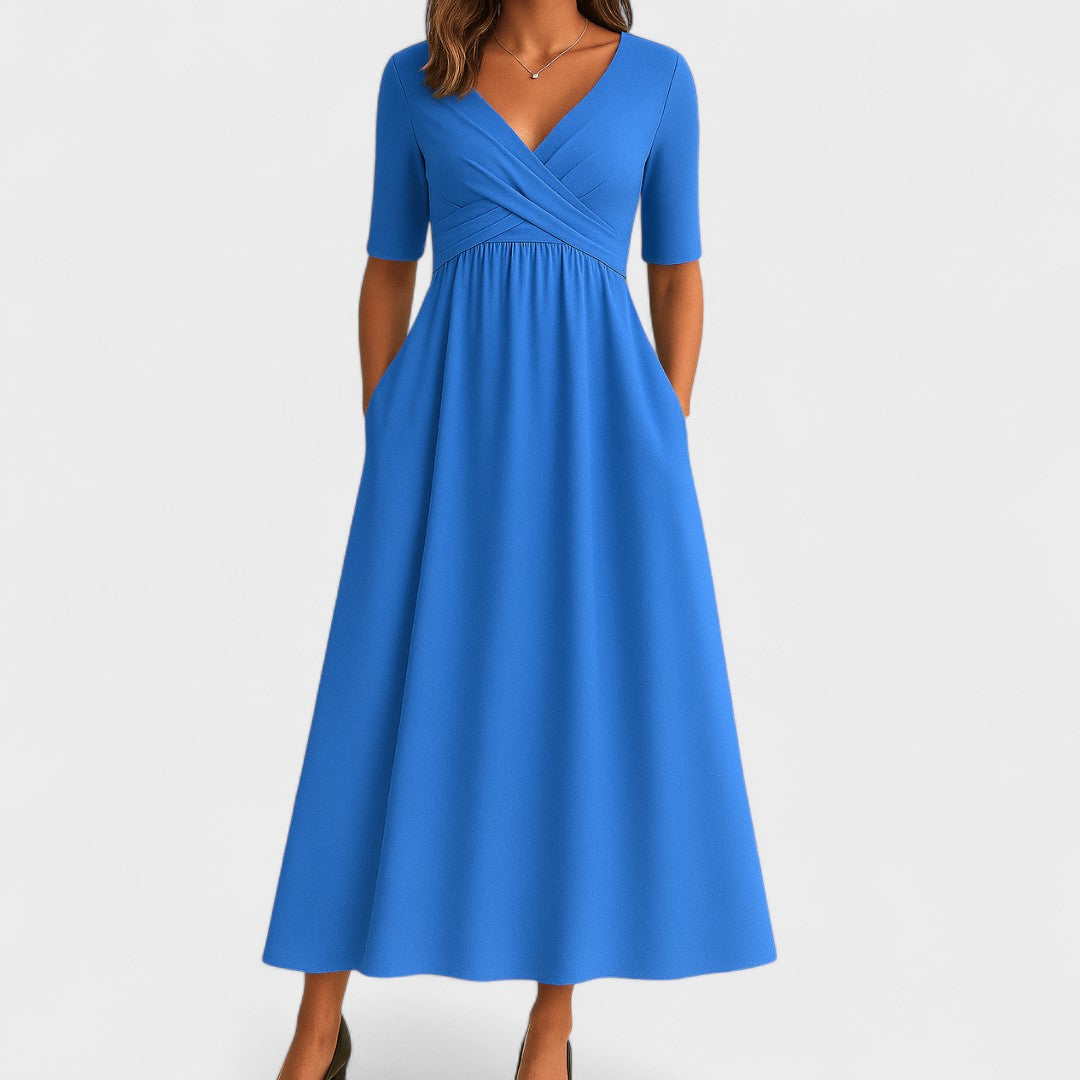 Robe midi portefeuille femme col V manches courtes cintrée robe été