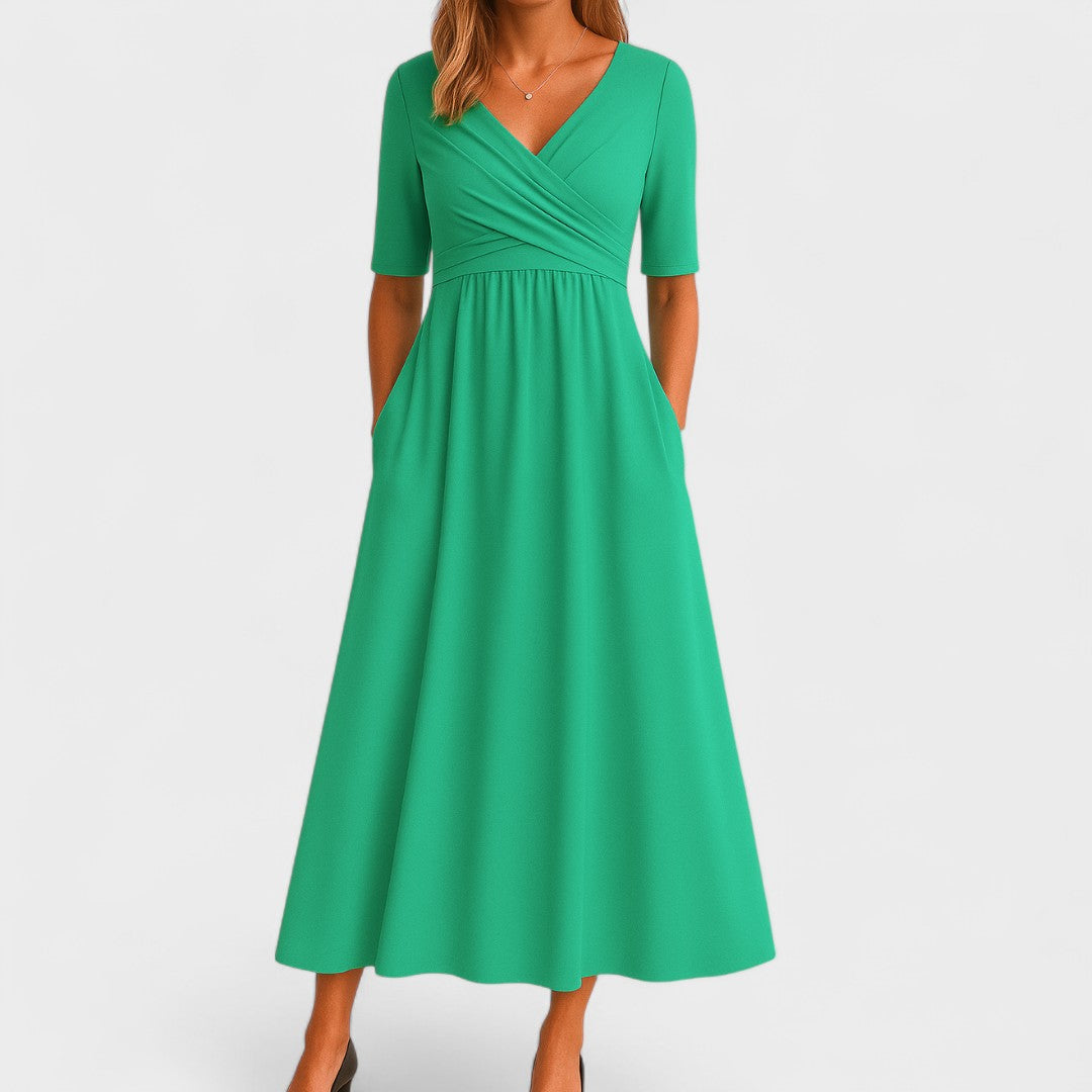 Robe midi portefeuille femme col V manches courtes cintrée robe été