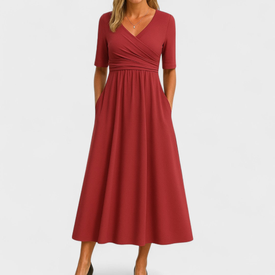 Robe midi portefeuille femme col V manches courtes cintrée robe été