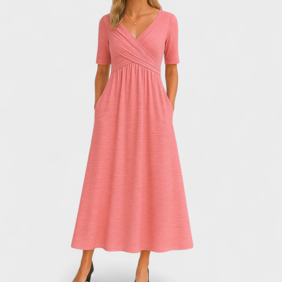 Robe midi portefeuille femme col V manches courtes cintrée robe été