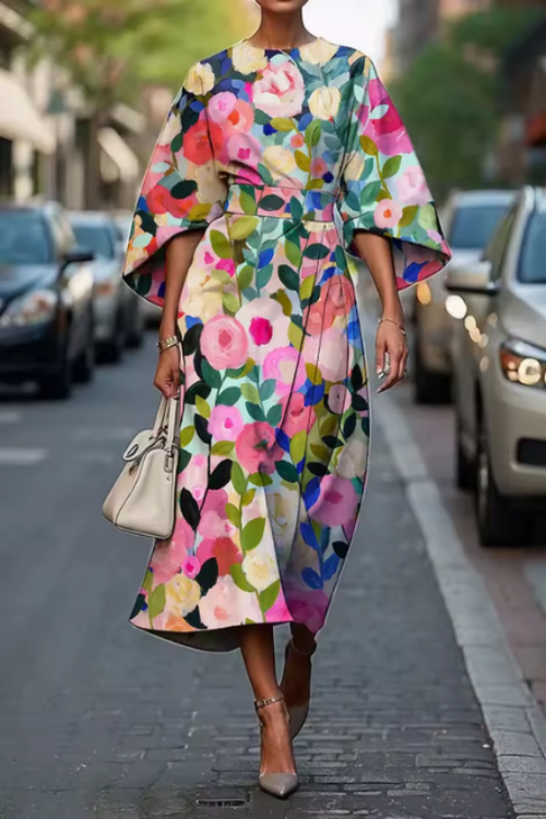 Robe midi invitée mariage à fleurs avec ceinture et manches kimono