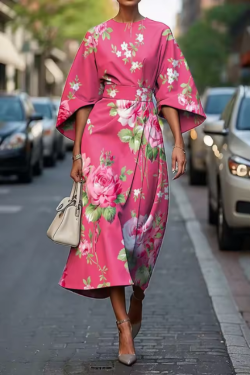 Robe midi invitée mariage à fleurs avec ceinture et manches kimono