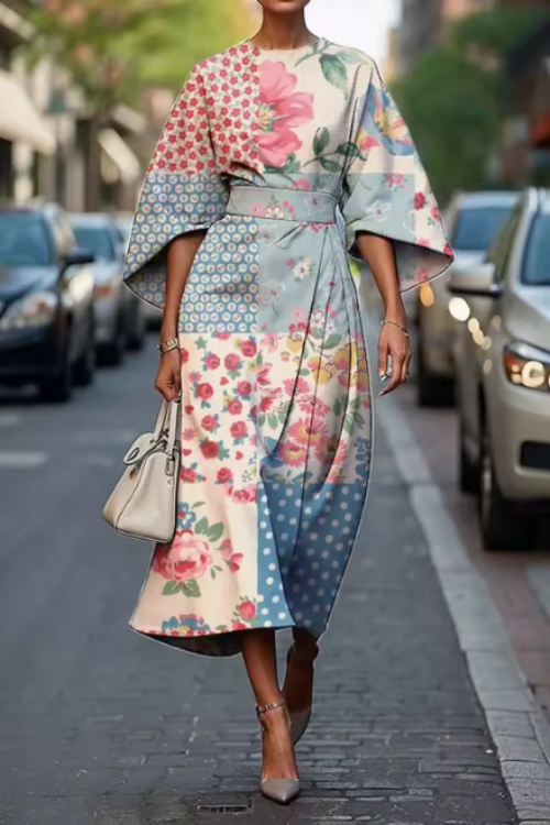 Robe midi invitée mariage à fleurs avec ceinture et manches kimono