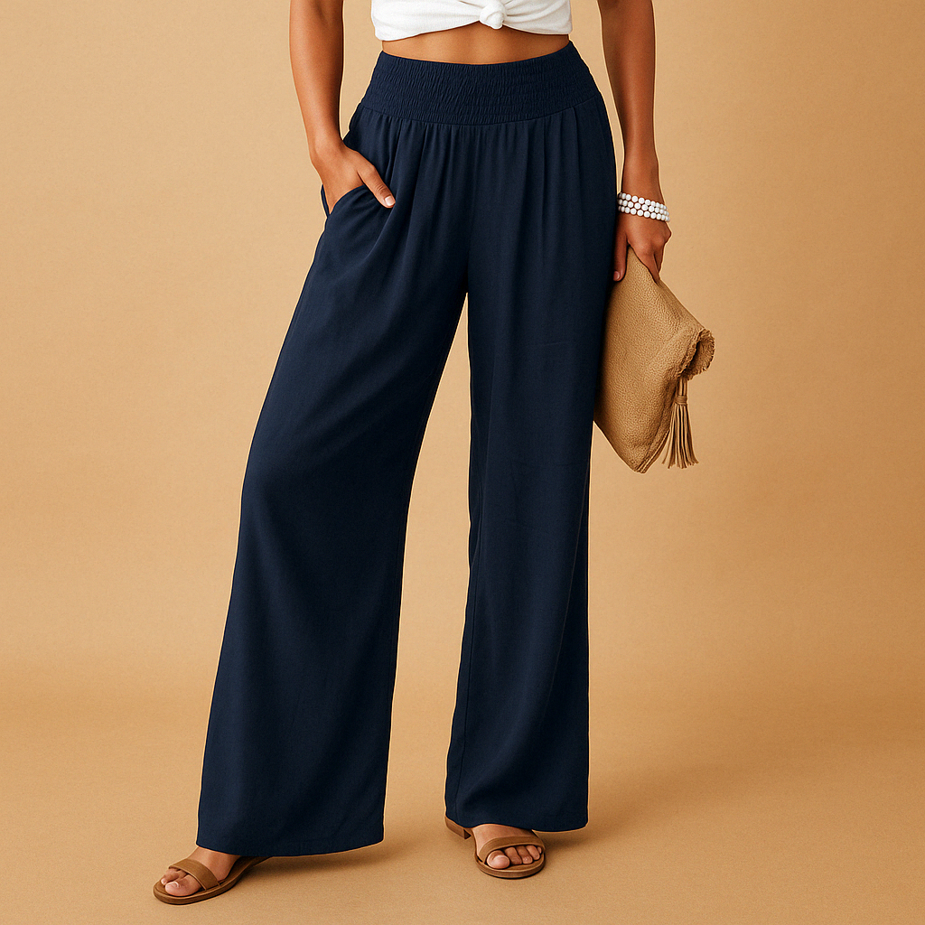 Pantalon large femme en lin taille smockée jambes larges poches palazzo
