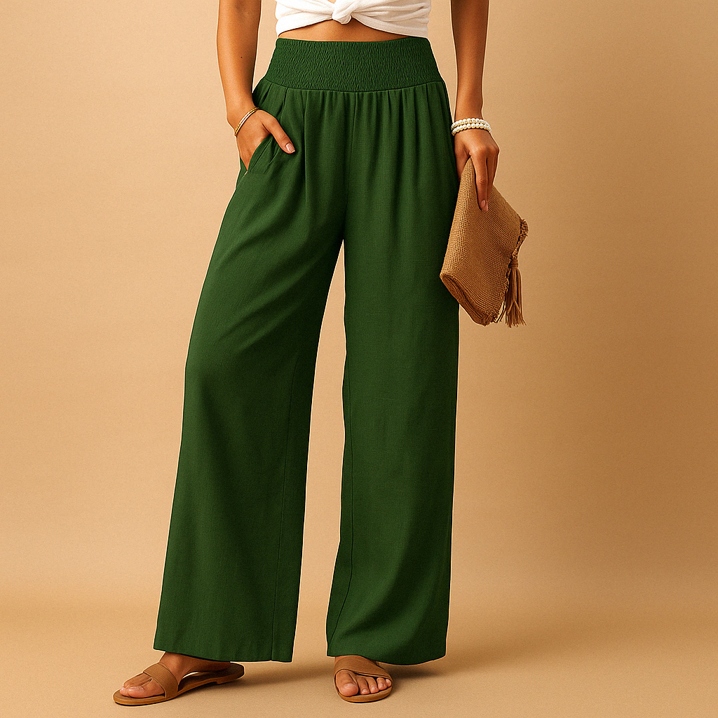 Pantalon large femme en lin taille smockée jambes larges poches palazzo