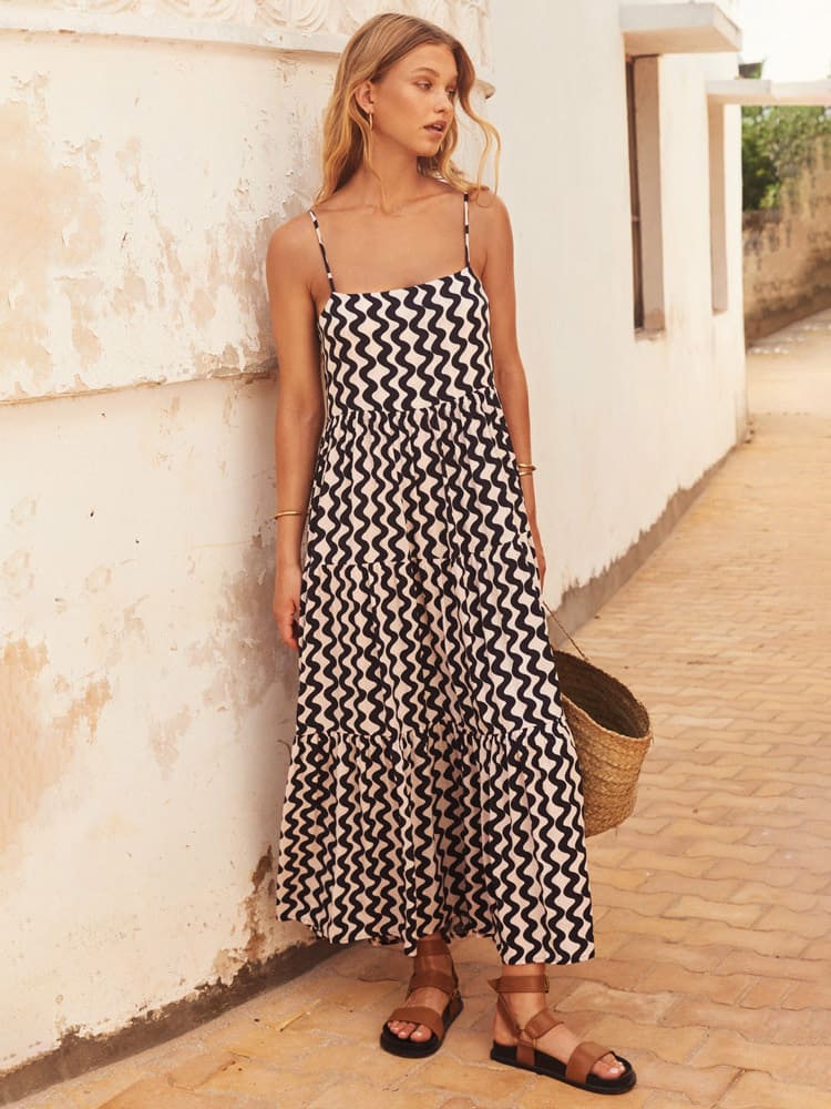 Robe longue femme à bretelles imprimé graphique style bohème été