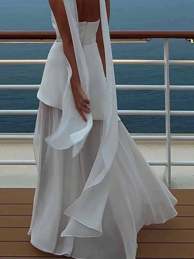 Robe longue bustier femme invitée mariage fendue asymétrique