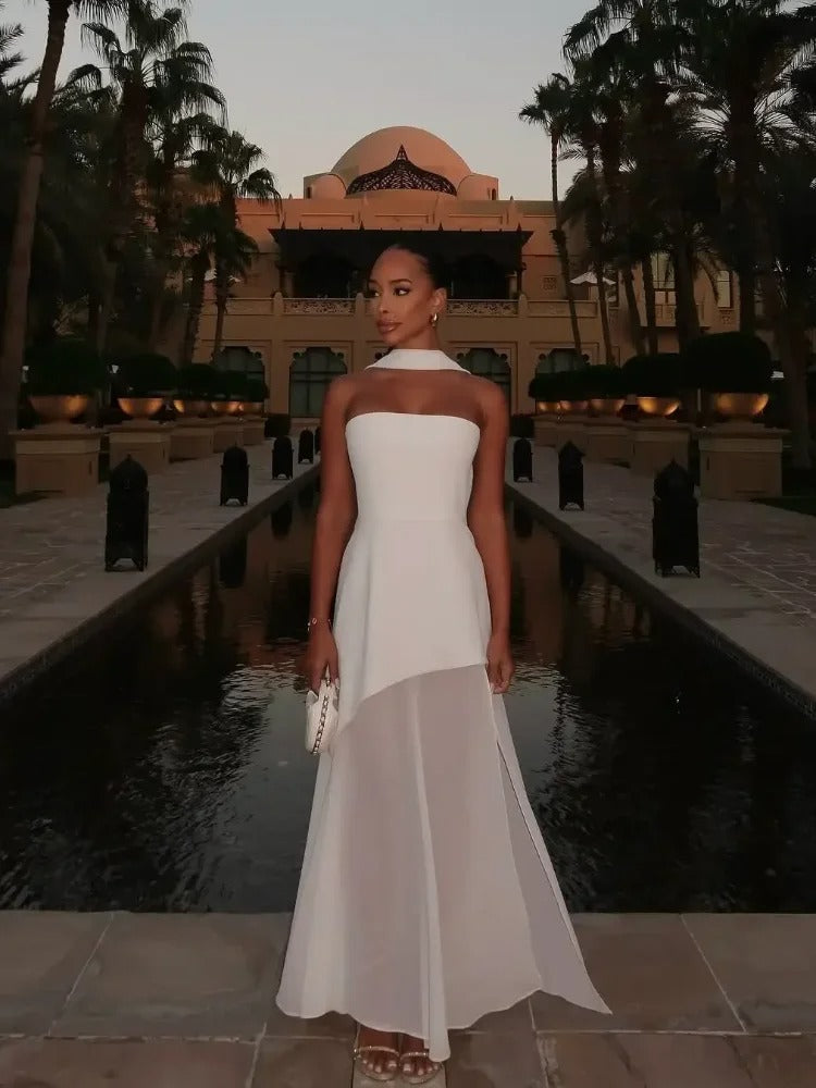 Robe longue bustier femme invitée mariage fendue asymétrique