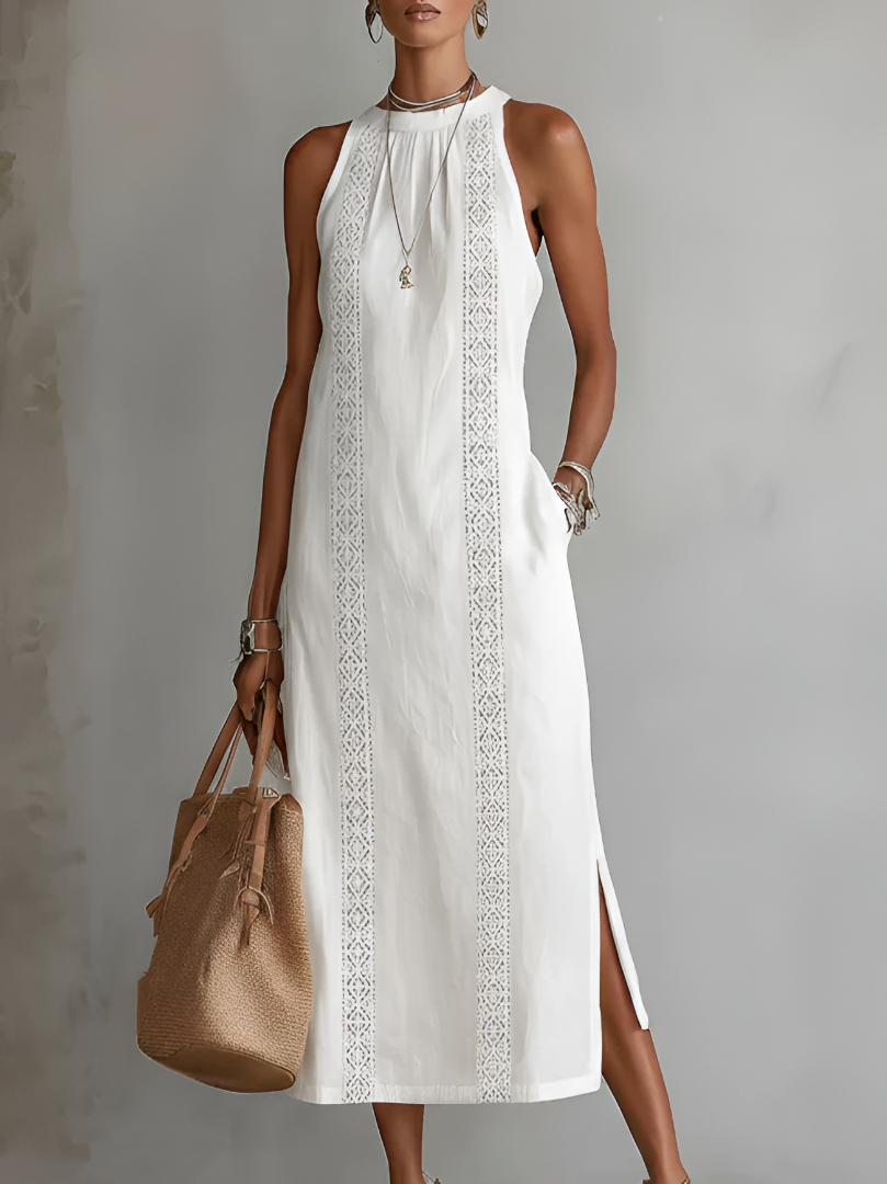 Robe longue femme sans manches dentelle fente latérale