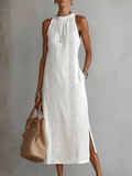 Robe longue femme sans manches dentelle fente latérale