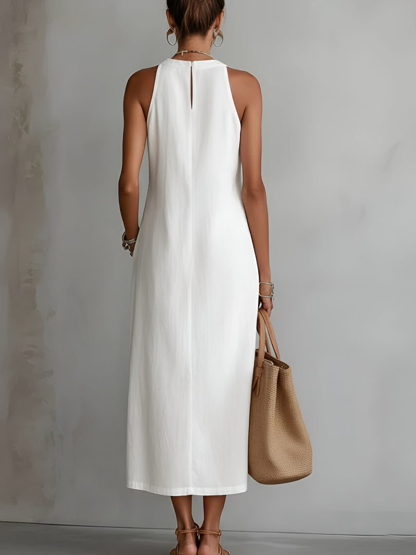 Robe longue femme sans manches dentelle fente latérale