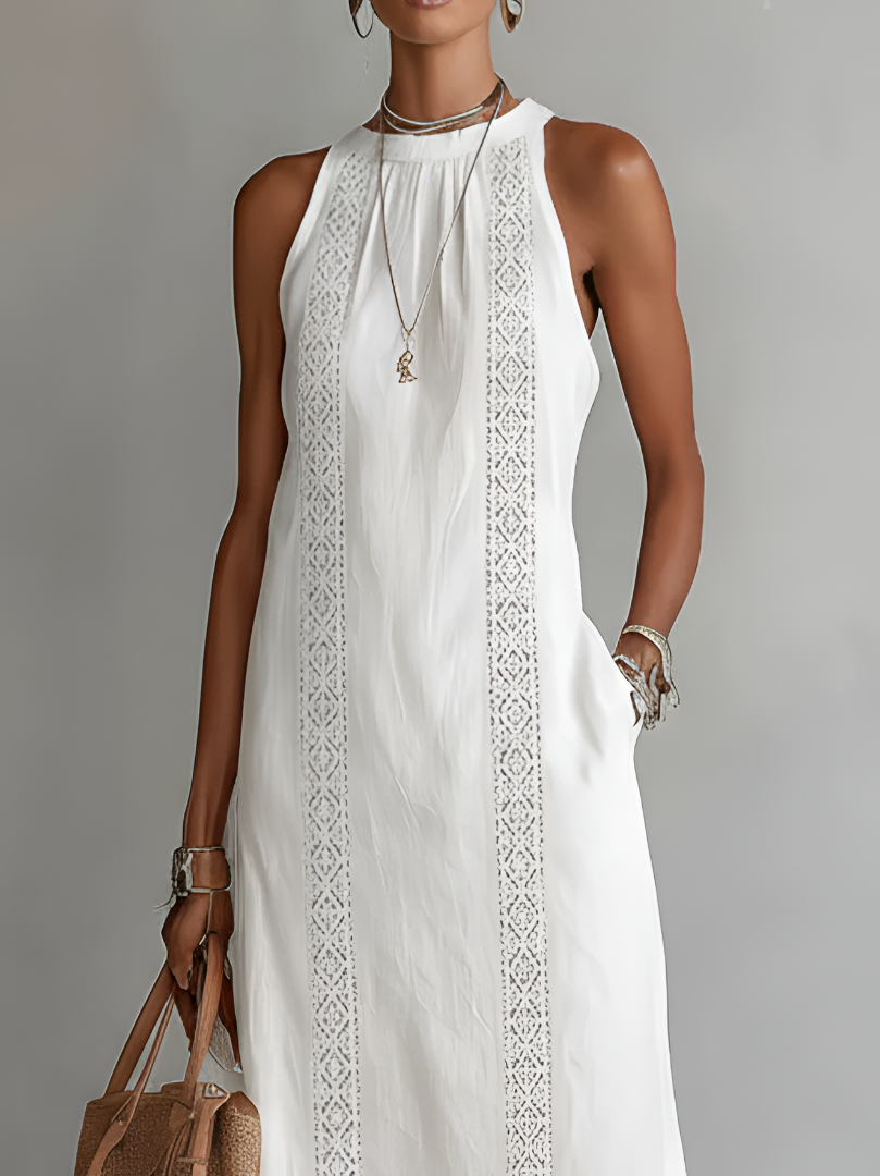 Robe longue femme sans manches dentelle fente latérale