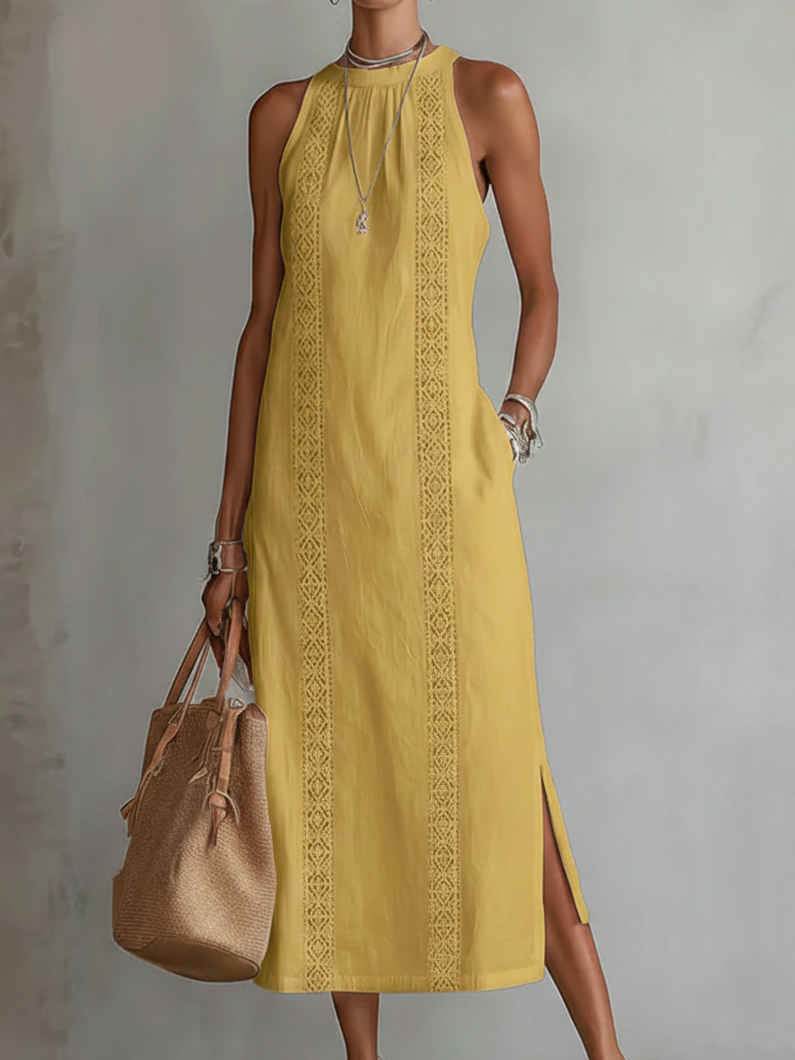 Robe longue femme sans manches dentelle fente latérale
