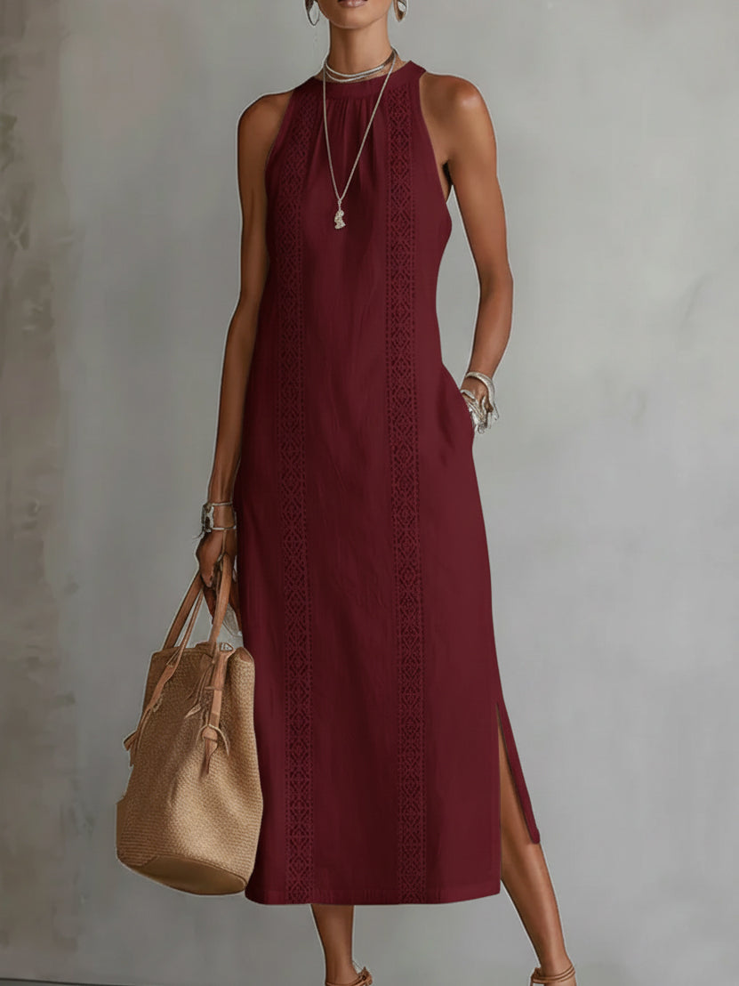 Robe longue femme sans manches dentelle fente latérale