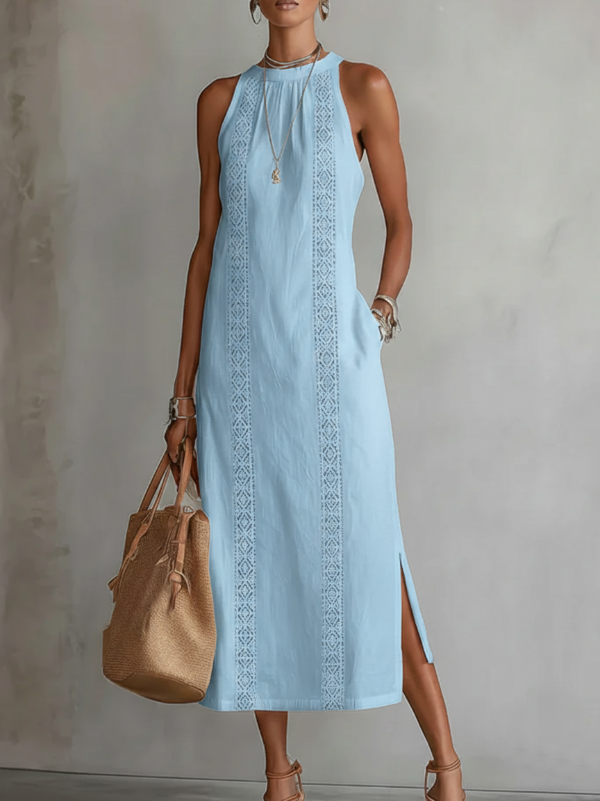 Robe longue femme sans manches dentelle fente latérale