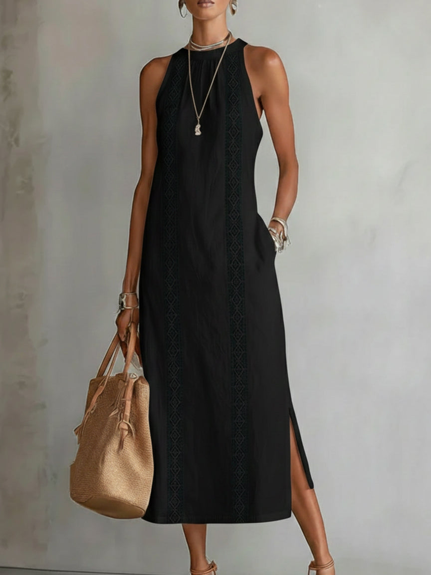 Robe longue femme sans manches dentelle fente latérale