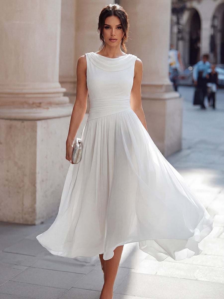 Robe midi invitée mariage plissée col drapé sans manches