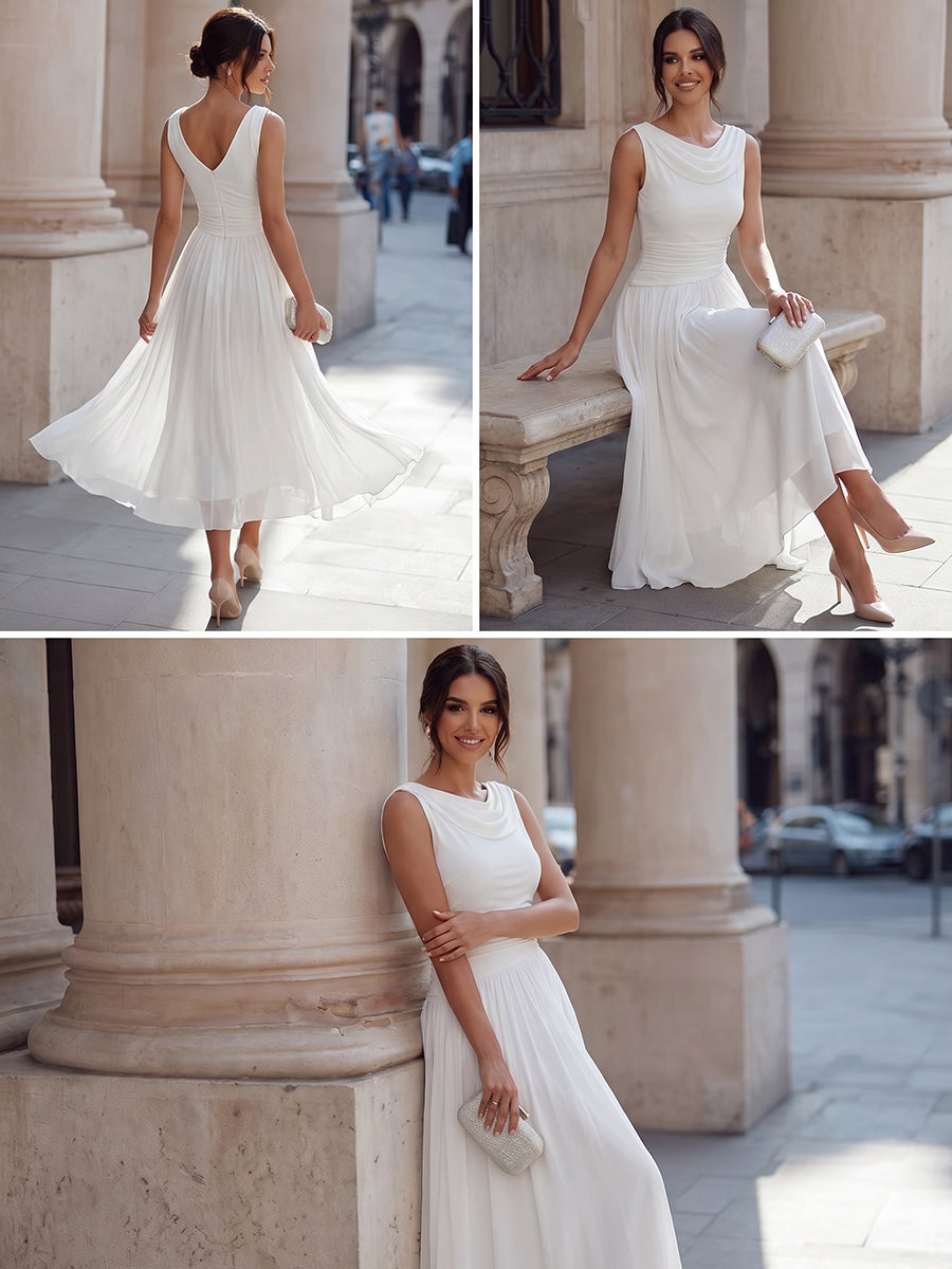 Robe midi invitée mariage plissée col drapé sans manches