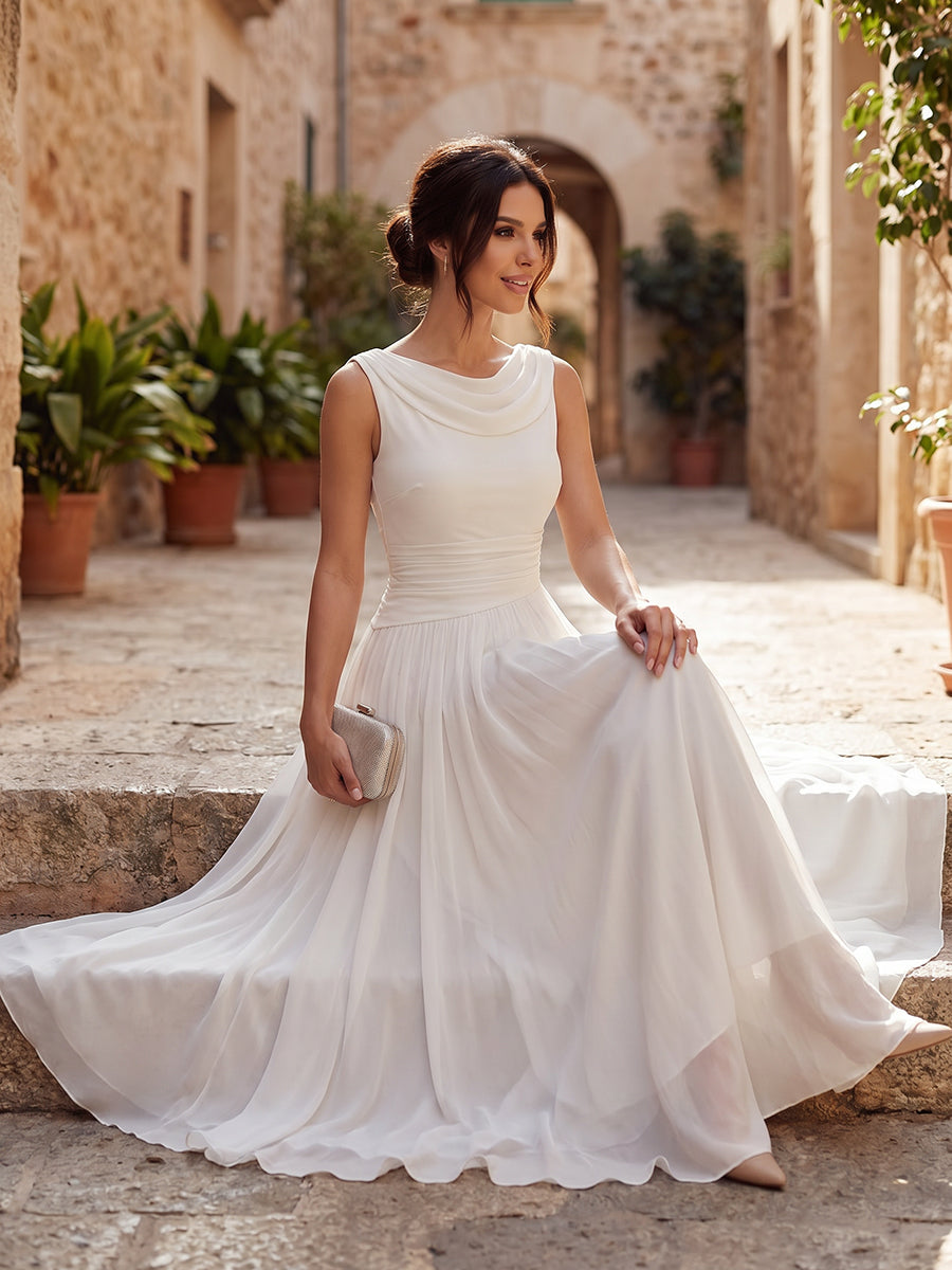 Robe midi invitée mariage plissée col drapé sans manches