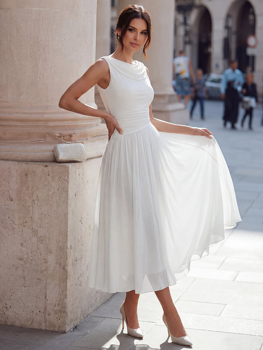 Robe midi invitée mariage plissée col drapé sans manches