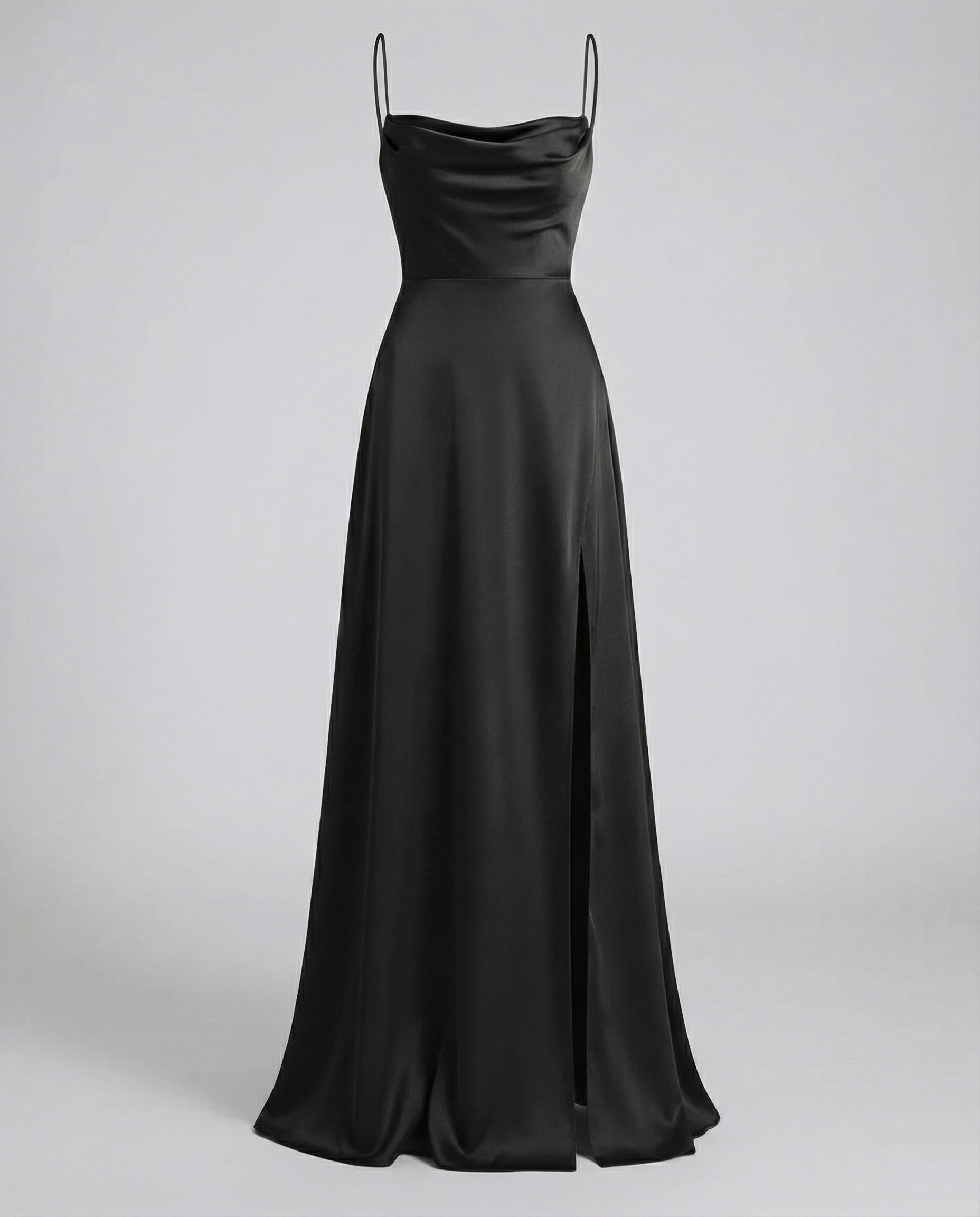 Robe longue femme satin col bénitier fente haute fines bretelles