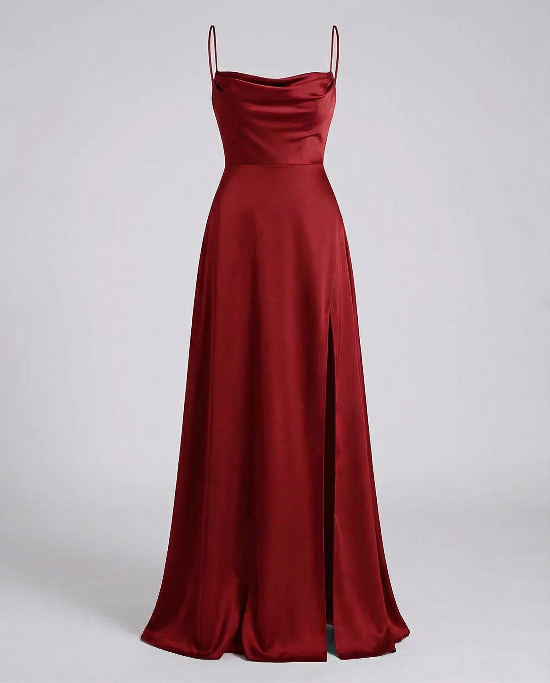 Robe longue femme satin col bénitier fente haute fines bretelles
