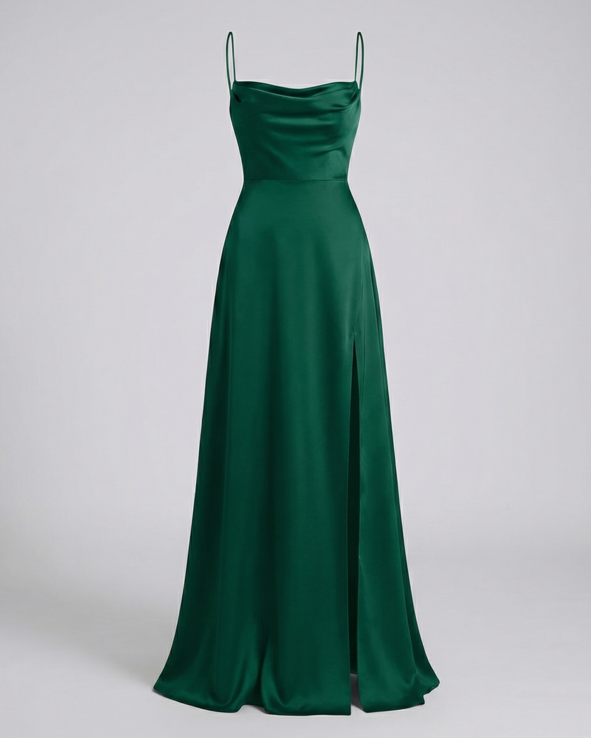 Robe longue femme satin col bénitier fente haute fines bretelles