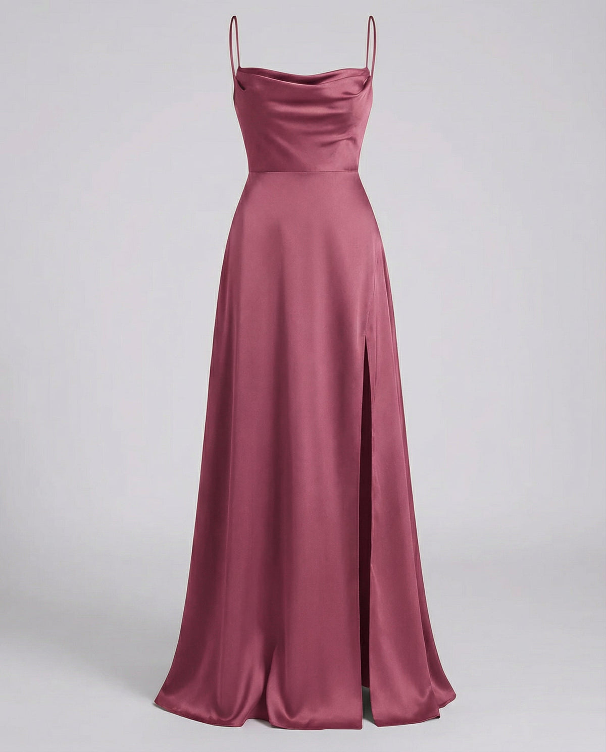 Robe longue femme satin col bénitier fente haute fines bretelles