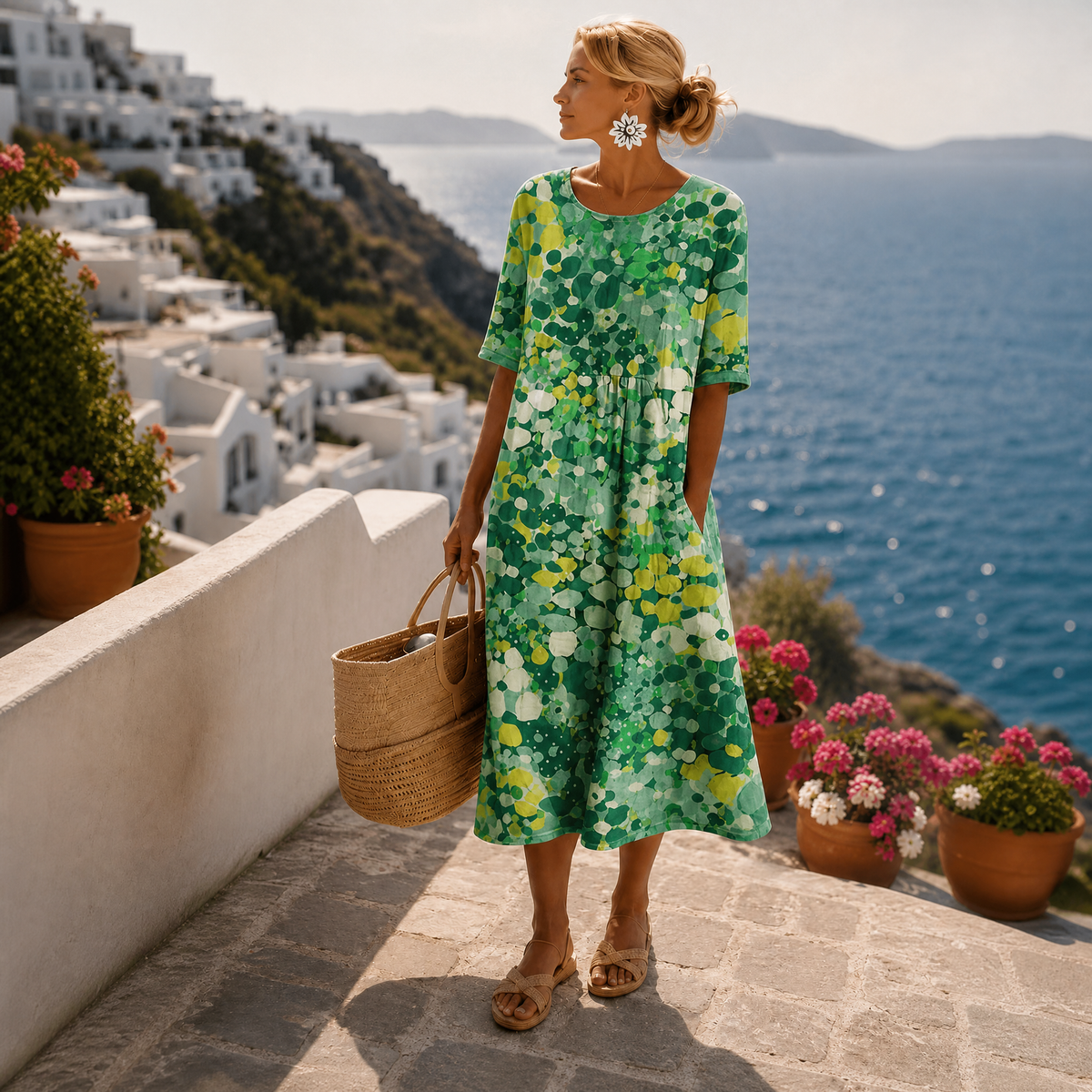 Robe midi femme imprimé floral coupe évasée manches courtes col rond