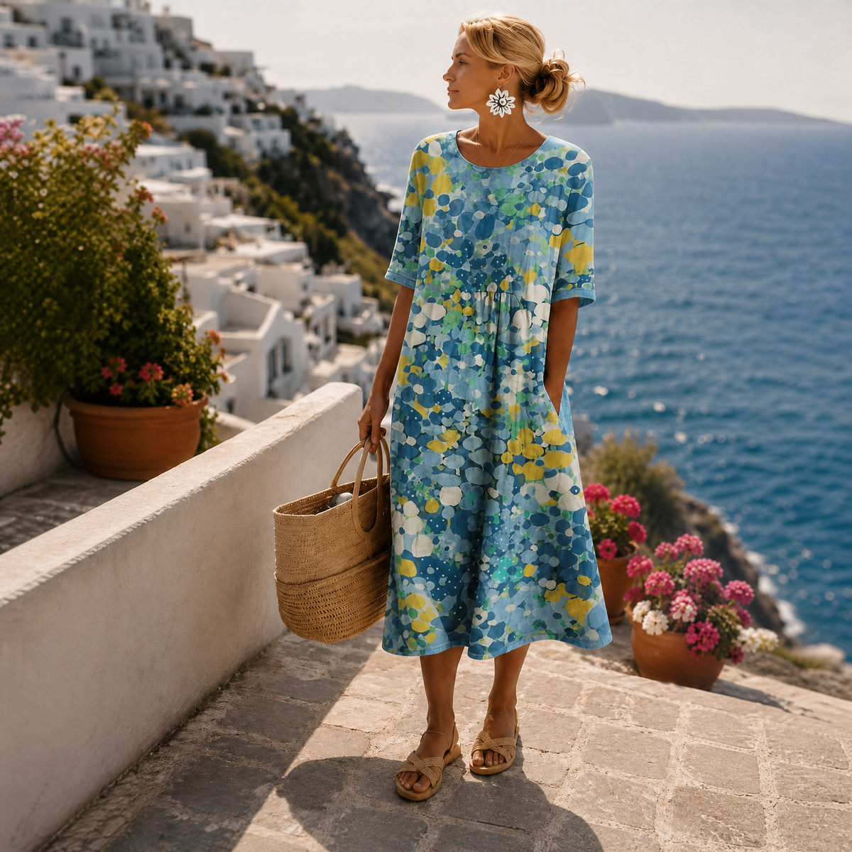 Robe midi femme imprimé floral coupe évasée manches courtes col rond