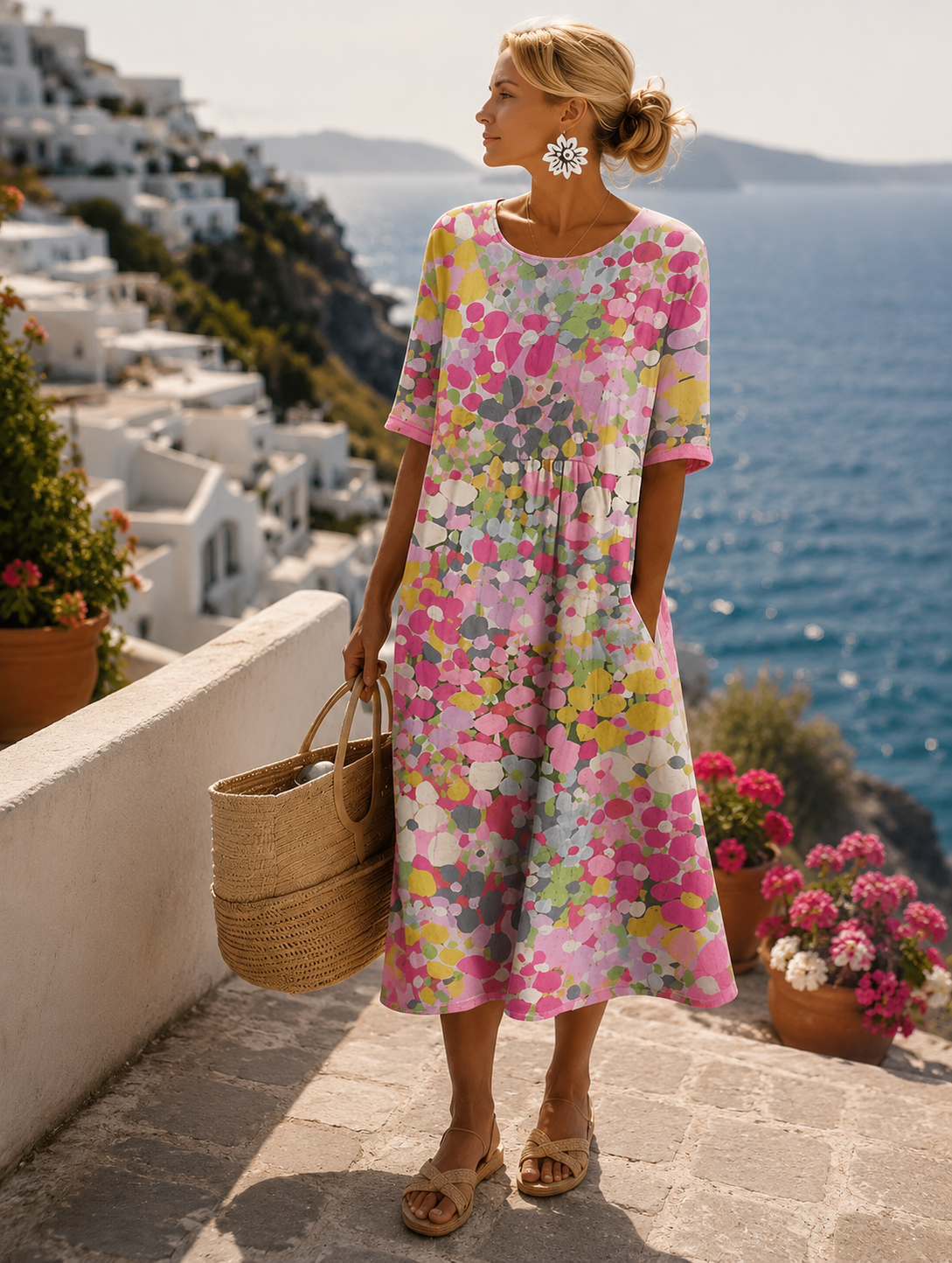 Robe midi femme imprimé floral coupe évasée manches courtes col rond