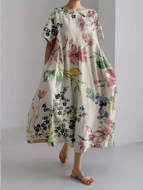 Robe midi femme imprimé floral col rond manches courtes coupe ample poches