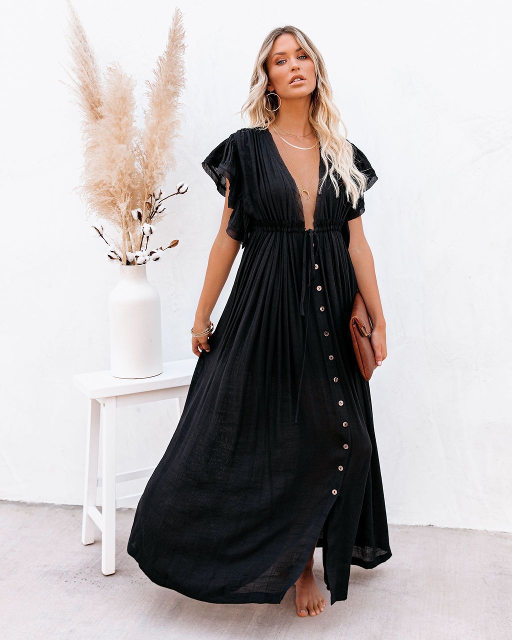 Robe longue femme col V manches courtes taille nouée coupe fluide plage
