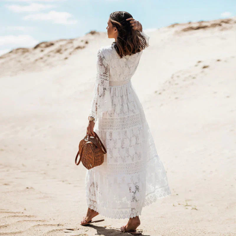 Robe bohème longue femme dentelle manches longues fluide plage été