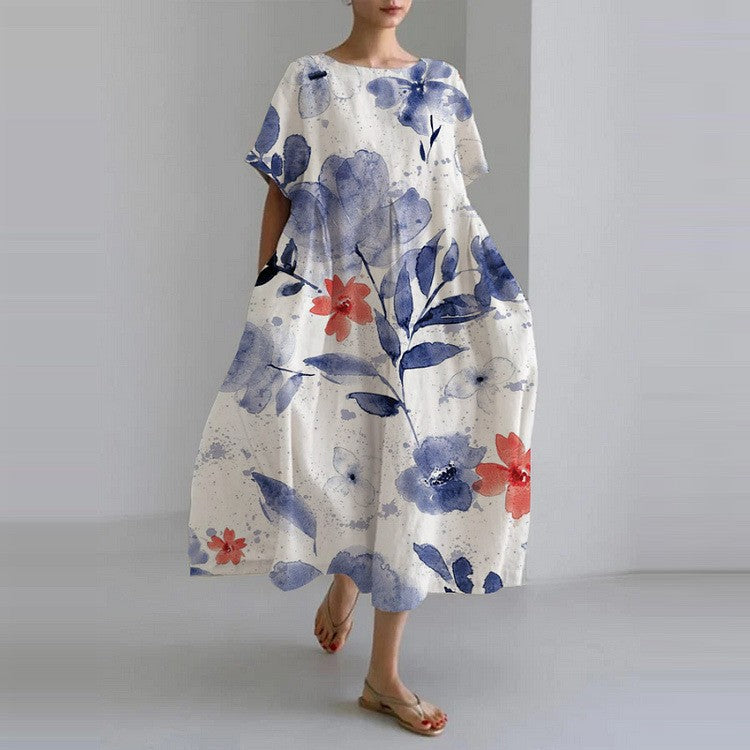 Robe midi femme imprimé floral col rond manches courtes coupe ample poches