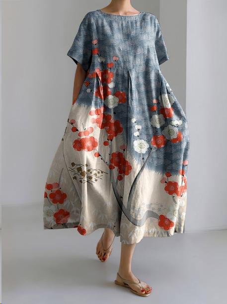 Robe midi femme imprimé floral col rond manches courtes coupe ample poches