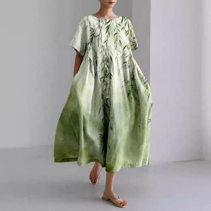 Robe midi femme imprimé floral col rond manches courtes coupe ample poches