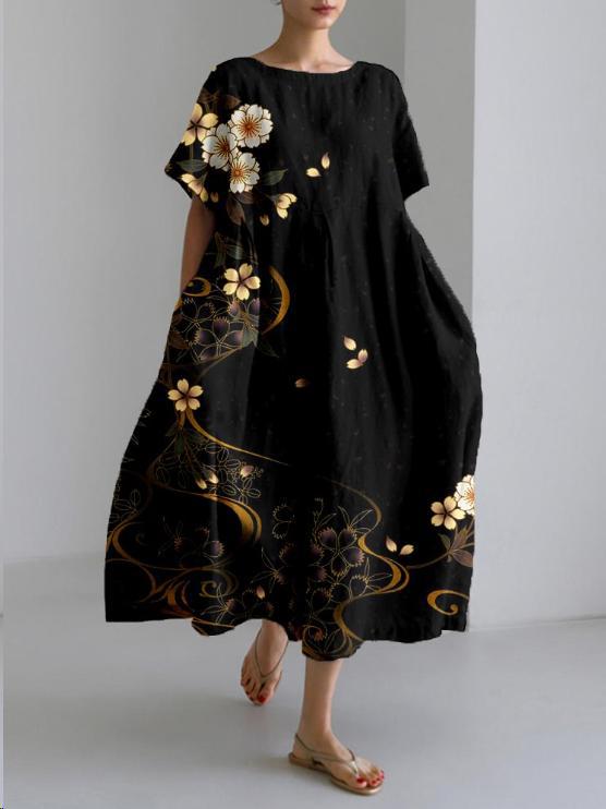 Robe midi femme imprimé floral col rond manches courtes coupe ample poches