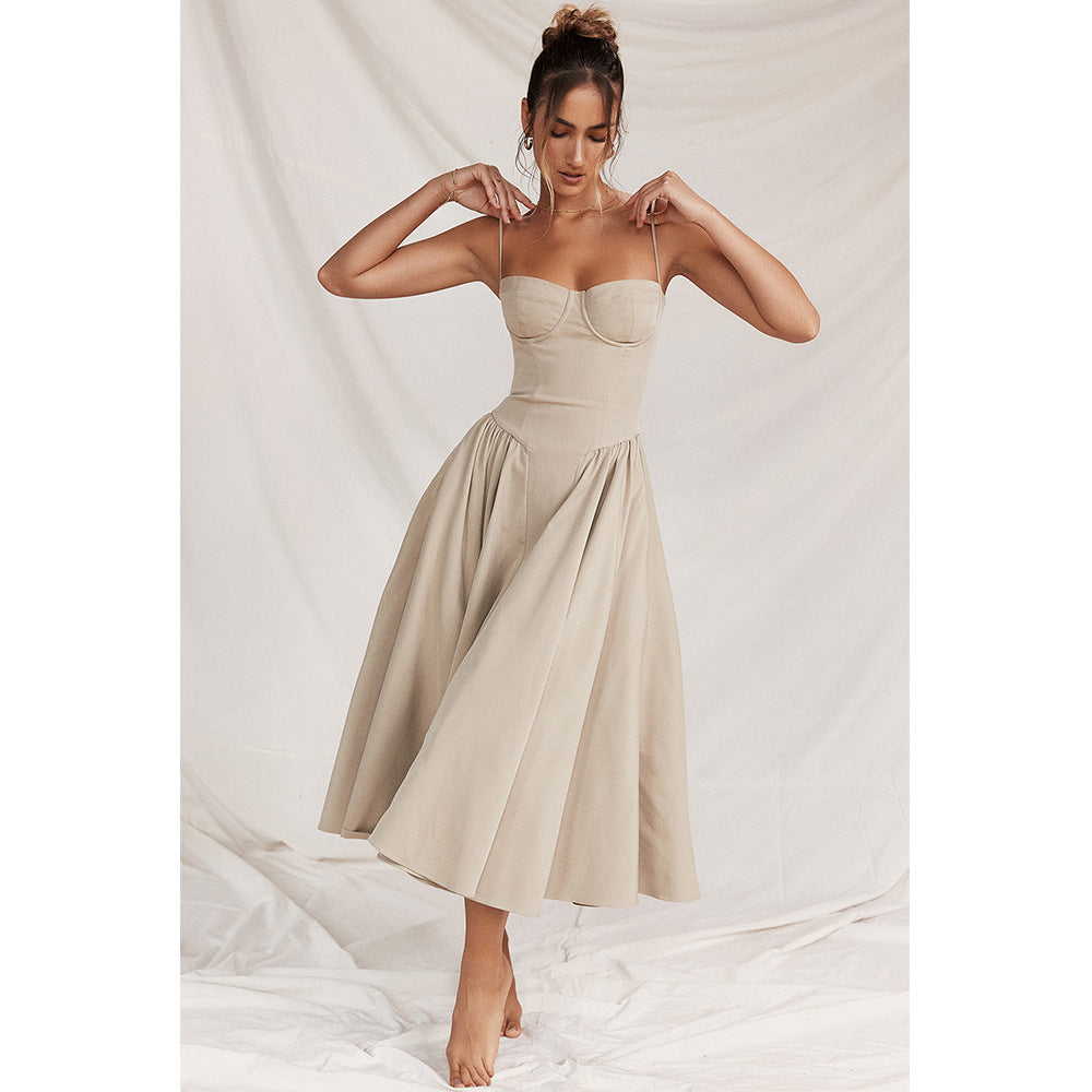 Robe midi femme bustier corset bretelles fines taille cintrée coupe évasée