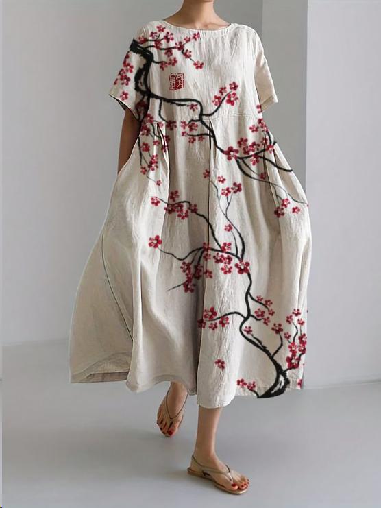 Robe midi femme imprimé floral col rond manches courtes coupe ample poches