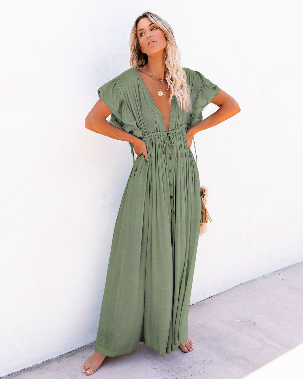 Robe longue femme col V manches courtes taille nouée coupe fluide plage