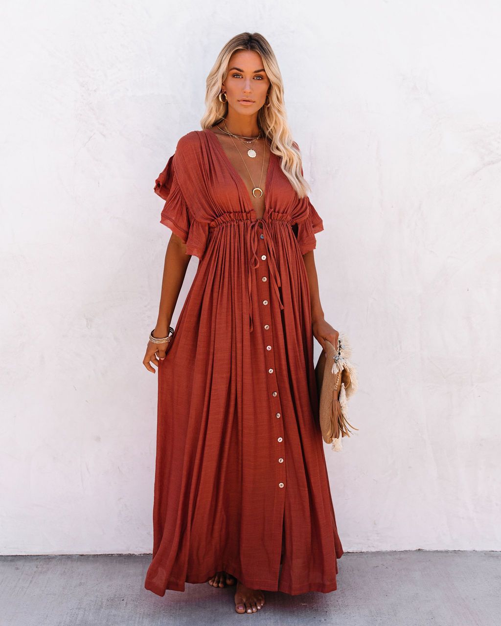 Robe longue femme col V manches courtes taille nouée coupe fluide plage